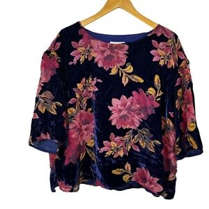 Coldwater Creek Blue Pink Velvet Floral Shirt Top Size XL Burnout